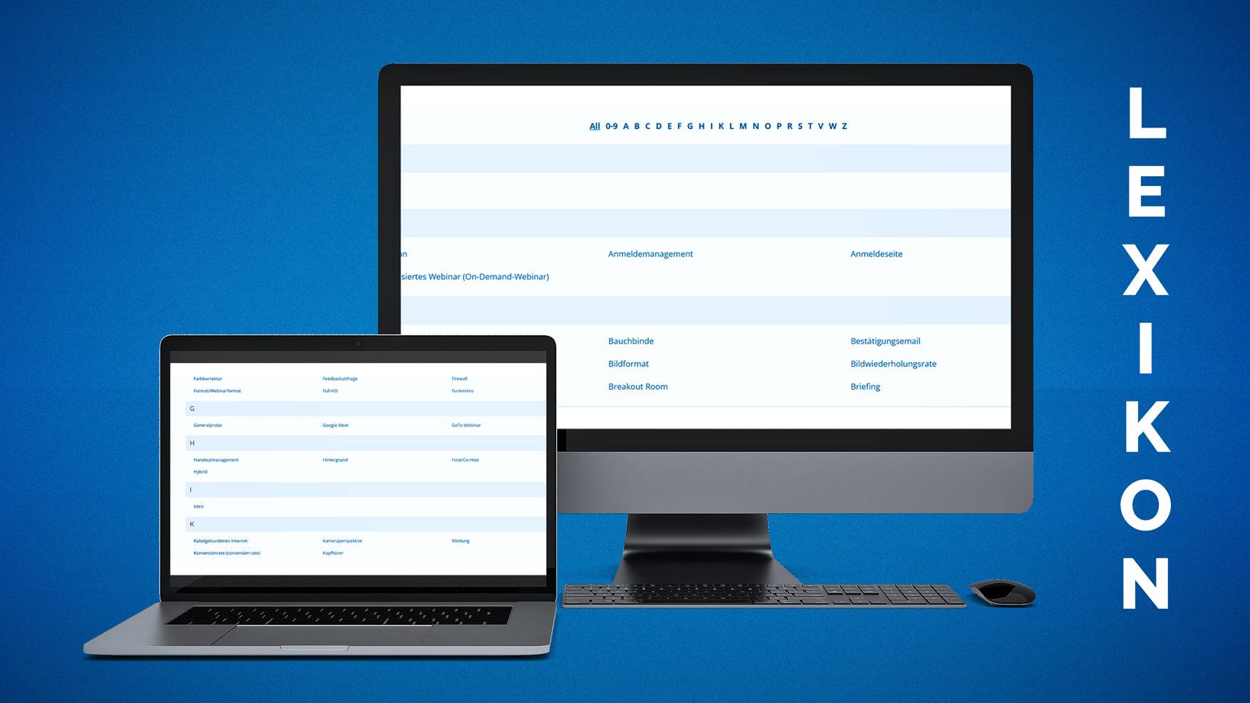 Zwei Bildschirme, die das Lexikon der webinarfabrik zeigen.